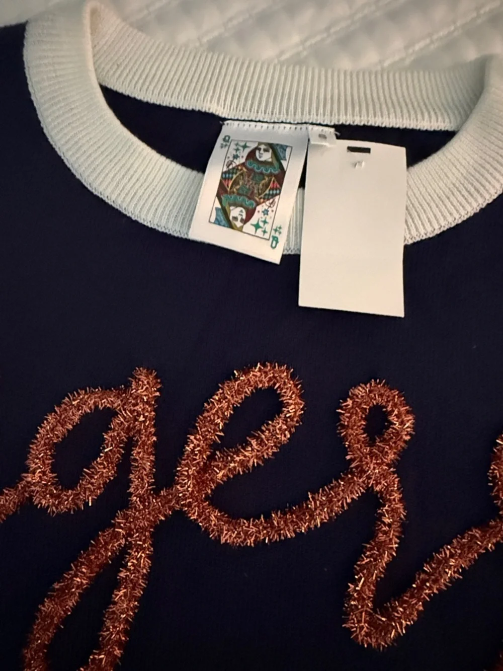 Queen of Sparkles - “Tigers” S/S Sweater NWT Navy with White Trim Sparkle Letter - Picture 2 of 3